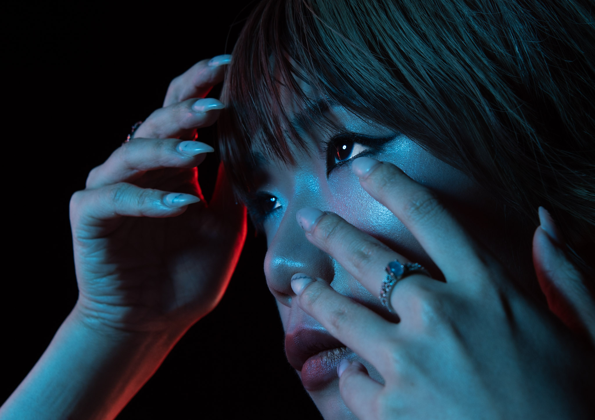 Cosmic Girl cinematic fashion close portrait with blue-red light