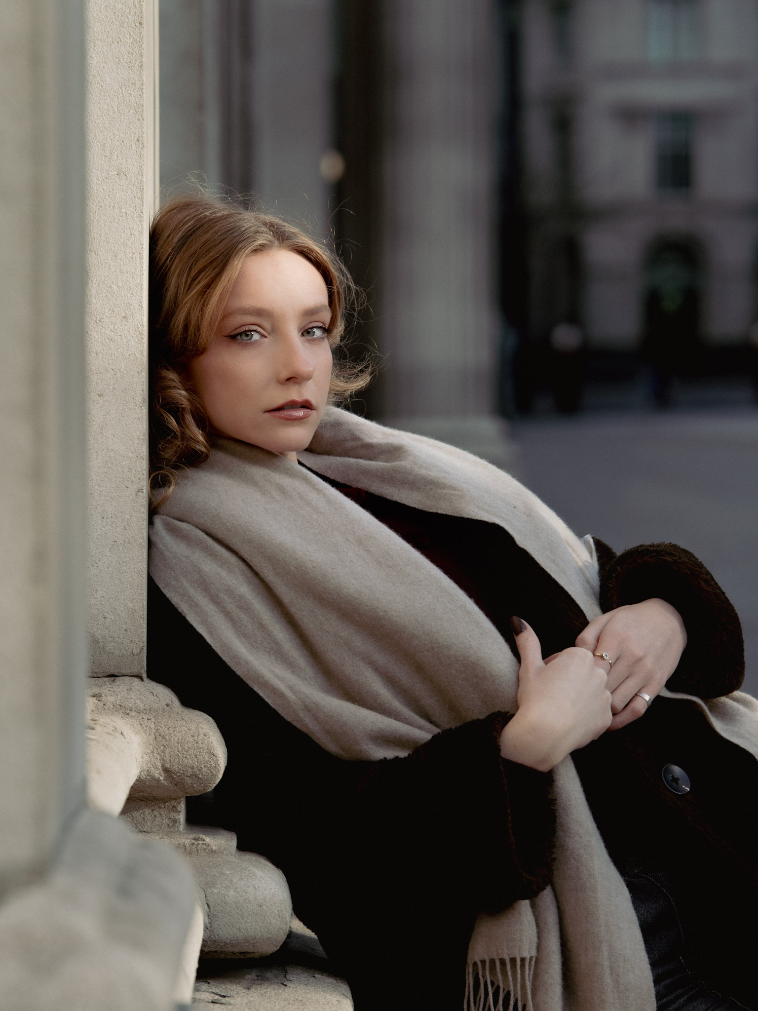 Quiet editorial portrait with refined winter styling