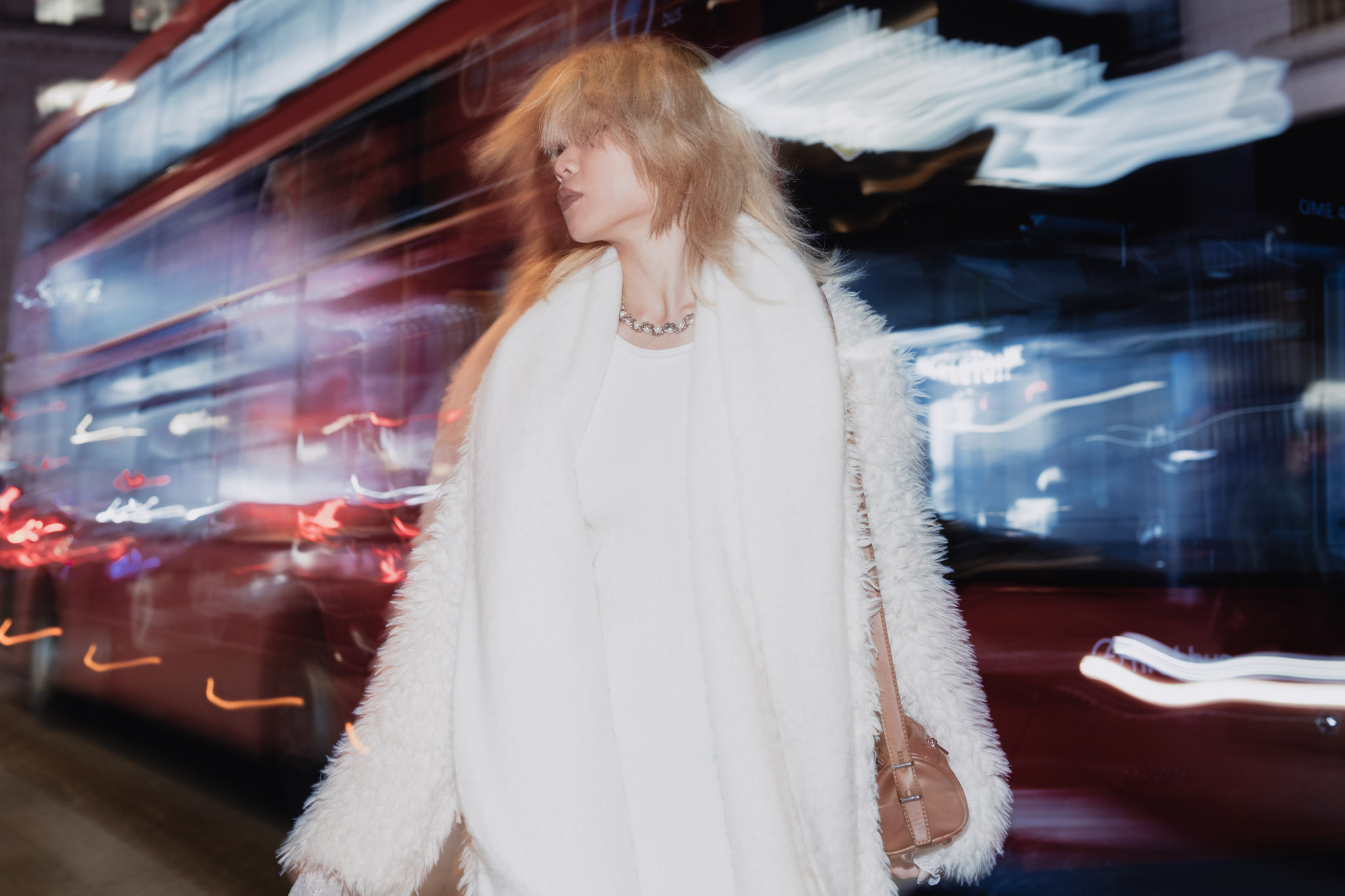Sophie London fashion portrait with cinematic street light